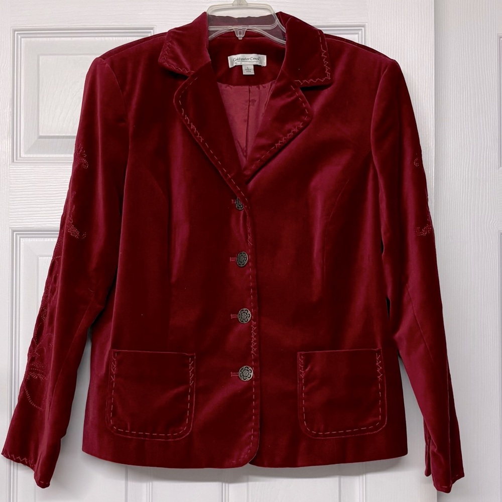 Coldwater Creek Velvet Embroidered Dark Red Blazer Jacket Sz L